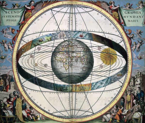 Ptolemaic Solar System, 1660. Scenographia Systematis Mundani Ptolemaici. At the centre of the map is Earth being circled by the sun, inside a band containing signs of the Zodiac and the orbits of the planets. Surrounding the map, angels and cherubs are seen in the top corners, while astronomers and other scholars are in discussion over books and globes in the bottom corners. The Ptolemaic System held that the Earth was at the centre of the solar system and that crystal spheres kept the other planets in a perfect alignment. This theory was discredited by Copernicus' heliocentric theory. This map reflects the growing interest people had in the Elizabethan period of exploring the world in which they lived. From Harmonia Macrocosmica or Atlas Coelestis.