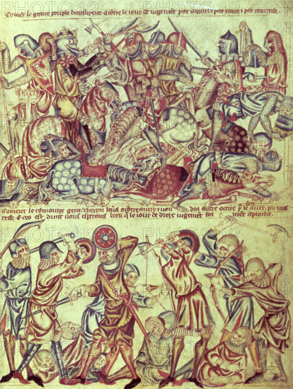 Knights and foot soldiers engaged in battle, c1320-1330. Above; the peers fight each other on horseback. They wear full armour, including bascinets with large moveable visors; one carries a shield with a wyvern, another has a spiked poleyn on his knee. The king has a visor with a grilled sight, and star-shaped ailettes on his shoulders. The weapons are axes, falchions and straight swords. Below, the commoners fight each other on foot. Their armour is lighter, including bascinets without visors. The weapons illustrated are a falchion, a glaive, swords, axes, and two bows, with arrows. From The Holkham Bible Picture Book.