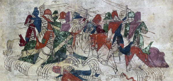An early tournament, c1275-1325. Coloured drawing showing knights jousting. These events were more like a battle than a sport, as demonstrated by the severed arm lying on the ground.