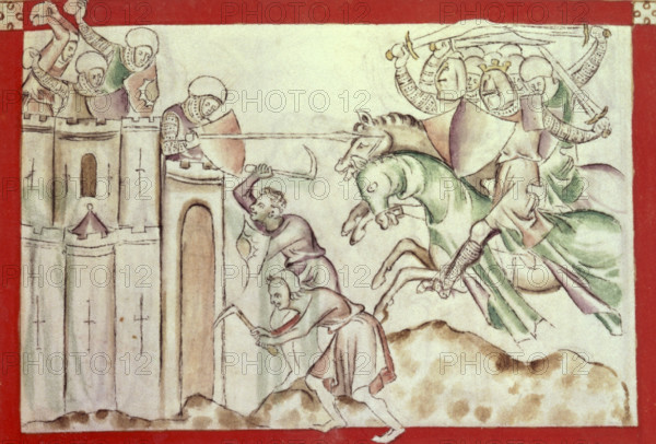 King David besieging Jerusalem, 1310-1320. David and his soldiers gallop towards the castle, while others try and dig their way in under the walls. The defenders hurl rocks at the attackers. From The Queen Mary Psalter.