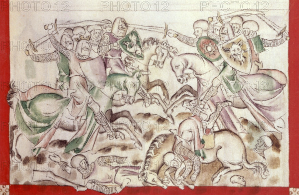 King David's army fights the Philistines, 1310-1320. David, wearing the crown, is on the left. Below lie dismembered soldiers. From The Queen Mary Psalter.