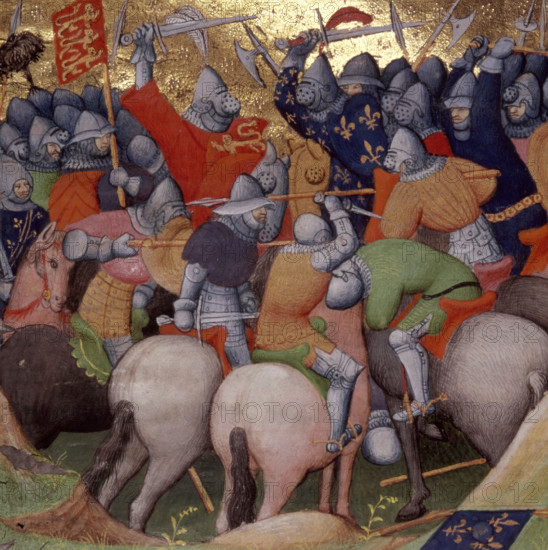 Battle of Crécy, between the English and the French, in 1346, (1415). The knights hold swords above their heads, and in the foreground one man stabs another who slumps over in his saddle. From Grandes Chroniques de France