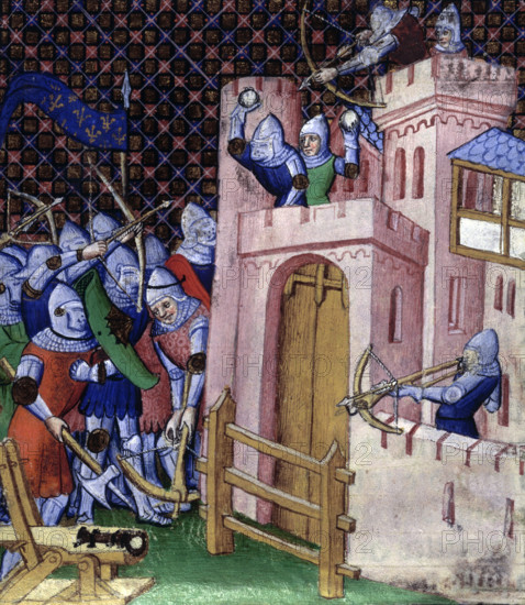 Siege scene, c1415. Bows and arrows and crossbows are used by both sides. The defenders throw rocks at the attackers. The image illustrates the campaign undertaken by King Phillip Augustus of France and Prince Richard Plantagenet (the future Richard I of England) against the latter's father, Henry II of England, in the Summer of 1189, which resulted in the capture of Tours and Le Mans. The attacking figures clearly represent the armies of France, since their banner bears the symbol of the Fleur-de-lis, but it is not clear whether the image shows Tours or Le Mans. From a different perspective, the picture illustrates a siege scene typical of circa 1410-1420, when the manuscript itself was actually made, with the soldiers equipped with arms and armour with which Henry V would have been familiar. There is even a small bombard, or cannon, mounted on a frame in the foreground at bottom left - even though such devices were entirely unknown during the 12th century, when the event took place.