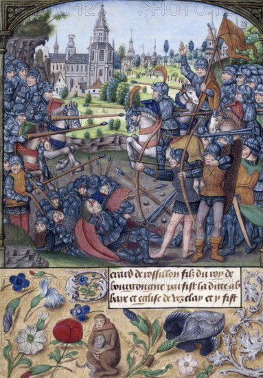Battle between two armies, 1485-1490. Miniature of a battle. In the centre lie the dead and injured, bleeding from their wounds. The border in the lower margin contains floral decoration and two monkeys, chained to an iris. 'Gerard de rossillon fils du roy [roi] de bourgogne [?] la ditte abbaye et eglise de bezelay [Vézelay?] et y [?]' (Gerard de Rossillon, son of the king of Burgundy [?], the said abbey and church of Bezelay [Vézelay?] and there [?]) From the Chroniques abrégées des Anciens Rois et Ducs de Bourgogne.