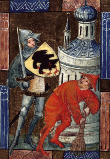 Soldier with sword, and man with broom, c1405. The knight's shield is emblazoned with crows. The man in red is sweeping. From the King's 5 Biblia Pauperum.