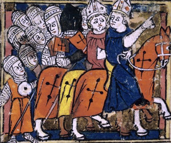 Crusaders in mail armour go to war, early 14th century. Bishops lead soldiers during the invasion of Palestine. From Abreviamen de las Estorias. a summary of Universal History, from the creation of the world to the death of the Emperor Henry the Seventh [1314].