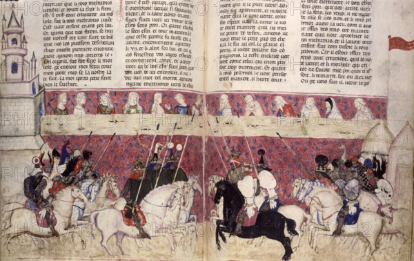 A tournament, c1352. The earlier tournaments had been rough affairs, often involving injury and death. They gradually became more formalised, partly due, perhaps, to the civilising influence of women's presence. From Le Roman du Roi Meliadus de Leonnoys?