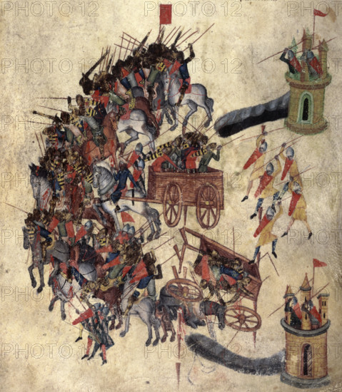 Sulla's defences against scythe-bearing chariots, late 14th century. From a work on military strategy, originally written by a Roman soldier.