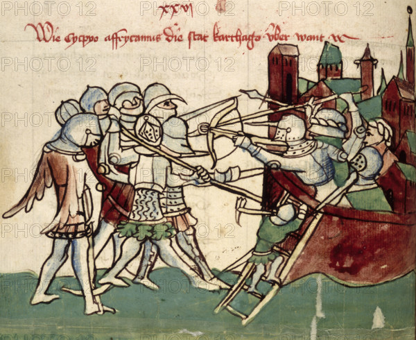 Army attacking a besieged town, 15th century. The crossbow was highly effective against heavily armoured soldiers. However, its archers were vulnerable in close combat, as they were generally only lightly protected.