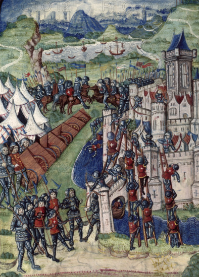 Army besieging a walled city, c1487. The siege of Saint Jacques in Normandy? A row of cannons stands in front of the besiegers' encampment. Soldiers scale the walls with ladders, dead bodies float in the moat, and two opposing sides confront each other in the distance. From Chroniques de France ou de Saint Denis.