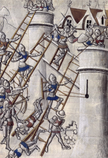 Storming a castle by escalade, c1470. The attackers use the method of escalade - to attack the wall using scaling ladders or siege towers. The diversion allows a sapper to make a breach in the base of the wall.
