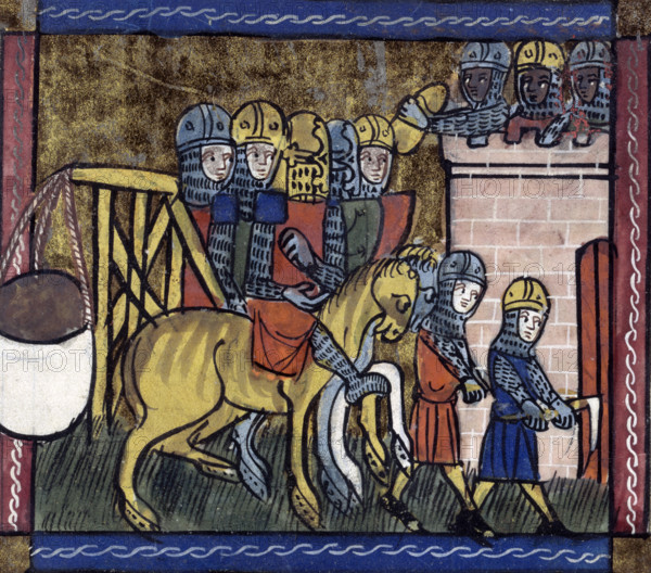 Soldiers with a trebuchet, mid-14th century. A trebuchet was a sort of catapult which was used to launch missiles, such as large stones, at the enemy. The man on the far right has an implement for digging, another way of breaching the enemy's defences. The defenders are possibly Saracens.