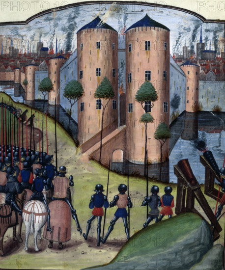 A besieging army sets fire to a city, c1470. Flaming cannonballs, often referred to as 'fireballs' or 'incendiary projectiles', were used in medieval warfare to cause fires and damage to enemy fortifications and ships.