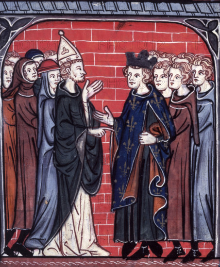 Siege of La Rochelle, c1325-c1350. King Louis VIII of France meeting a bishop, a cardinal and friars. The siege of La Rochelle of 1224 was the decisive engagement in the campaign between the Capetians and the Plantagenets for control of Poitou. From Chroniques de France ou de Saint Denis, vol. 1.