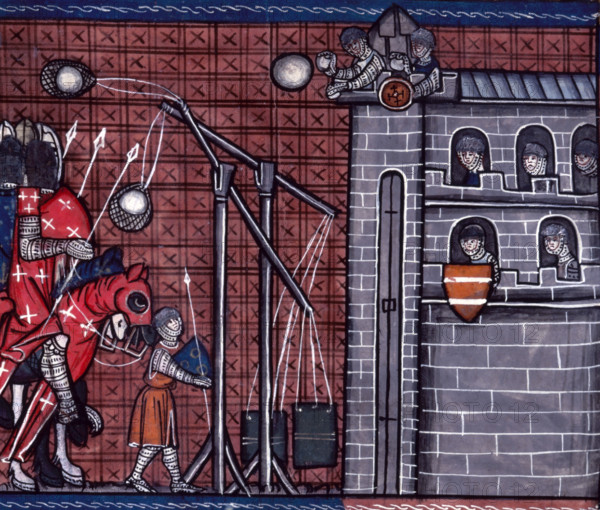 Siege of La Rochelle, c1325-c1350. Trebuchets in action. These were a sort of catapult which were used to launch missiles, such as large stones, at the enemy. Here a round stone sails towards the defenders, who are throwing smaller stones at the attackers. The siege of La Rochelle of 1224 was the decisive engagement in the campaign between the Capetians and the Plantagenets for control of Poitou. From Chroniques de France ou de Saint Denis, vol. 1.