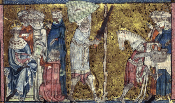 Training for knighthood and military service, 13th-14th century. Centre: the training of a knight at the pile (or pale) - a man in armour with uplifted shield and sword hits a post. At left, the author presents his book to a king. On the right another knight mounts his horse. From Les establissemenz de chevalerie, a French translation of De re militari.