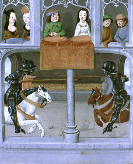 A joust between two knights, late 15th century. Joust of John de Holand and Regnault de Roye. The jousters are galloping towards each other and almost at the point of contact. Spectators watch from above. Individual knights displayed their military skill in jousting contests, often as part of a tournament including mock battles between teams of knights. From Anciennes et nouvelles chroniques d'Angleterre (also known as Recueil des croniques d'Engleterre).