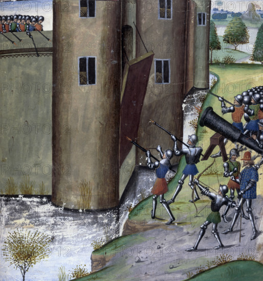 Handguns in use at a siege, c1470. As technology improved, guns and cannon gradually took over from traditional medieval weapons such as crossbows and trebuchets, and combat became more impersonal and mechanical.