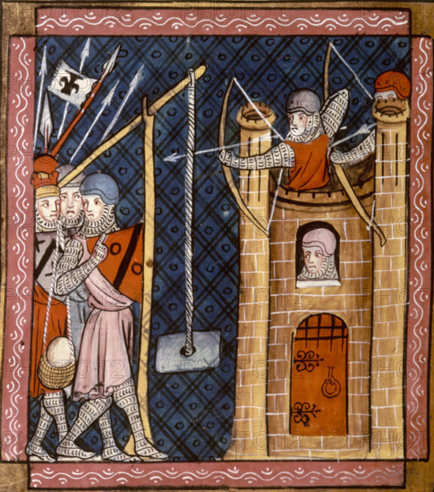 A trebuchet in use at a siege, c1340. A sort of catapult which was used to launch missiles, such as large stones, at the enemy.