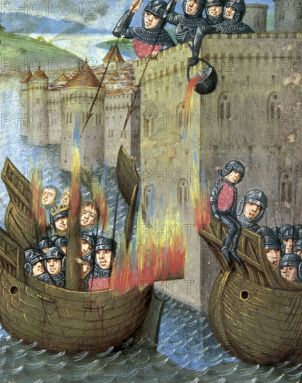 Defenders pour boiling oil onto attacking ships, c1473. Boiling oil is poured from the walls of a fortified city onto the enemy's wooden boats.