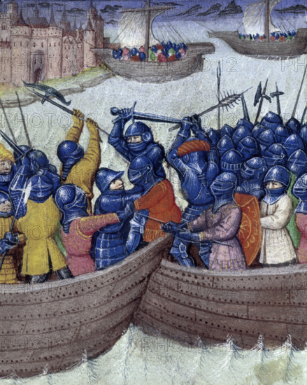 Sea battle, c1450. In naval battles, ships came as close together as possible, and the occupants used a variety of weapons for fighting on foot. Once one side had overpowered the other, the victors threw their opponents overboard, unless they were important enough to command a ransom. From Roman de Mélusine.
