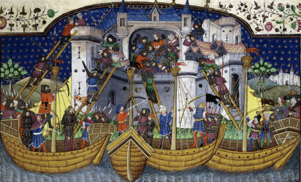 The storming of Corunna by Broadas, c1445. Ships besieging a sea port on the north coast of Spain. The attackers use the method of escalade - to scale the wall using ladders. Archers use bows and crossbows. From Poems and Romances (the 'Talbot Shrewsbury book').