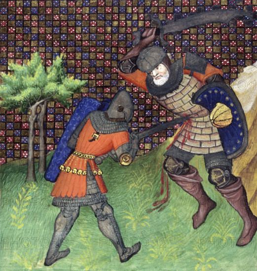 Two knights fighting, c1415. Their armour includes scale, mail and plate, which in the case of the man on the right, has proved inadequate.