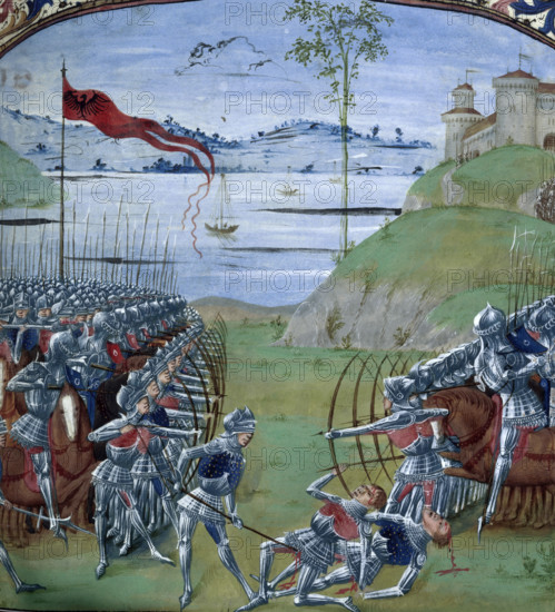 Caesar and Pompey fighting the Gauls, 1473. Two opposing armies face each other. Rows of archers are in the front line, with the cavalry behind. The scene depicted is very neat and orderly, whereas in reality a medieval battle would have been a far more chaotic affair. From The Commentaries of Caesar, translated by Jan Du Quesne (Bellum Gallicum) (Les commentaires de Cesar).