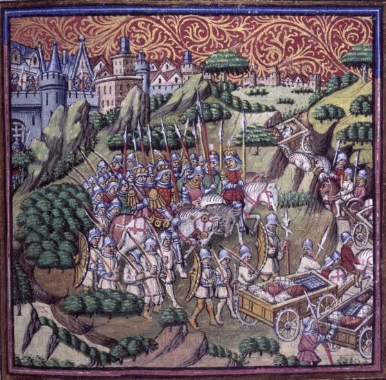 The army of the King of Sicily, riding away from a city, c1500. An army on the move with its baggage train. From The Three Kings' Sons.