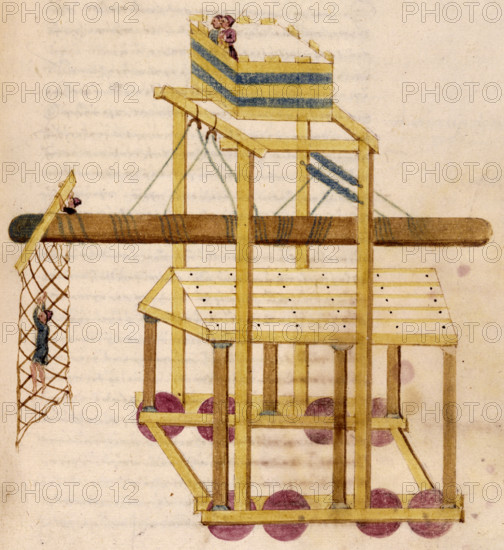 A siege tower, 16th century. A battering-ram is suspended from ropes, with a netted crossbeam to be used for scaling walls. The enclosed area on top of the tower provides shelter for observing the enemy. Such a tower would have needed a hundred men to move it. Illustration copied from an 11th century Greek manuscript, mainly for educational interest, as such machines were no longer used in the 16th century.