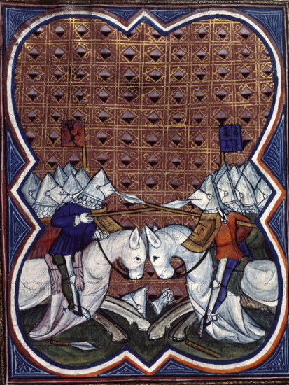 Knights charging, end of the 14th century. Their helmets have hinged visors to enable better vision when combat was not expected. From Le Livre que fist Titus Livius des excellens fais des Romains, lequel contient trois decades.
