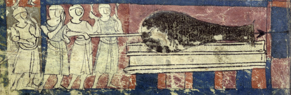 Firing the earliest known cannon, c1326. One of the figures ignites the weapon through a touch hole at the rear or breech end. A long-headed dart lies ready to be fired. In reality the cannon would have been secured to the frame, not lying unattached as it is shown here. Early cannons were dangerous to their operators as their aim was inaccurate and they could fracture or explode. From Pseudo-Aristotle, Secretum Secretorum, translated by Philip of Tripoli (Philippus Tripolitanus).