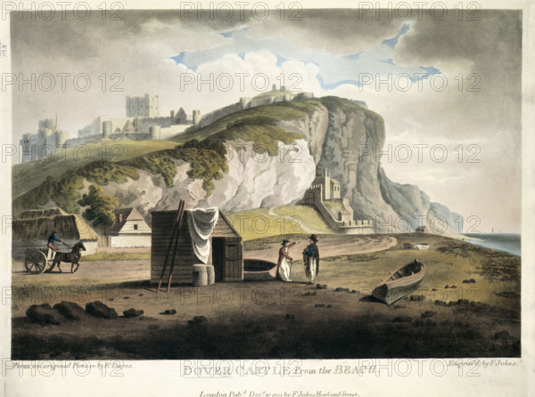 'Dover Castle from the Beach', Dover, Kent, 1801. Two men standing beside a hut, one carrying a fishing net. A horse and cart approach from the left. The castle is seen on the cliff above.