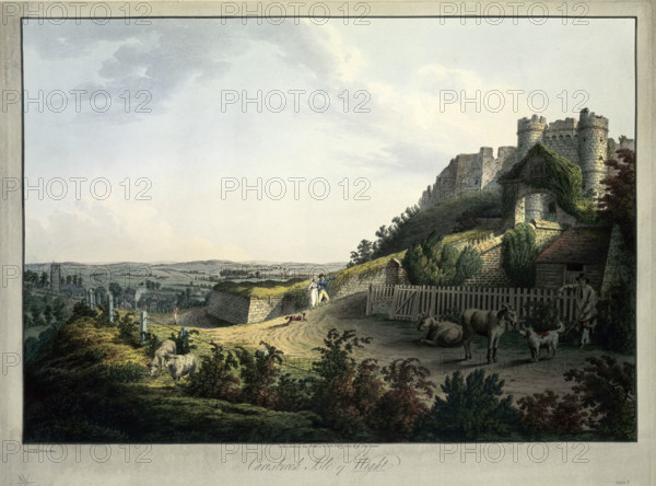 'Carisbrook Isle of Wight', 1813. View of Carisbrooke Castle, a couple with a dog, and cattle in the foreground.
