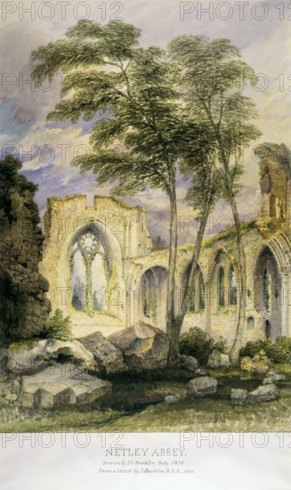 'Netley Abbey', 1872. The abbey was founded in the 13th century by the Bishop of Winchester, Peter des Roches, and its ruins became a source of inspiration for writers and poets. Jane Austen was possibly one of them.