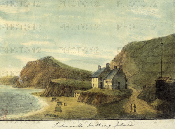 'Sidmouth Bathing Place', Devon, 1797. The first of Jane Austen's family seaside trip, during the summer of 1801, seems to have been to Sidmouth, Devon. Austen used her memories of the family holidays when she wrote "Persuasion". Note bathing machines on the beach.
