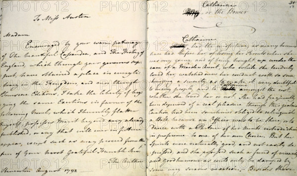 'Volume the Third' - notebook containing two early novels, "Evelyn" and "Catharine, or the Bower", by Jane Austen, 6 May 1792 - 19 August 1809. 'To Miss Austen. Madam, Encouraged by your warm patronage of The Beautiful Cassandra, and The History of England, which through your generous support, have obtained a place in every library in the Kingdom, and run through Fourscore [?] Editions, I take the liberty of begging the same Exertions in favour of the following novel, which I humbly flatter myself, possesses merit beyond any already published...The Author'. 'Catherine had the misfortune, as many heroines have had before her, of losing her Parents when she was very young, and of being brought up under the care of a Maiden Aunt, who while she tenderly loved her, watched over her conduct with so scrutinizing a severity, as to make it very doubtful to many people, and to Catherine amongst the rest, whether she loved her or not. She had...been sometimes obliged to relinquish a Ball because ...
