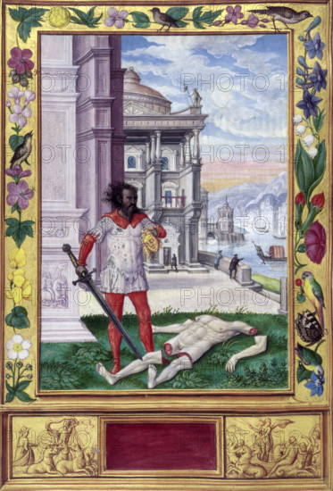 An alchemical beheading and dismemberment, 1582. Cutting off the King's Head: a dishevelled man stands over a butchered body. He holds the golden head in one head and his sword in the other. Borders decorated with birds and flowers. Illustration of the Sixth Parable. From "Splendor solis" (The Splendour of the sun), a treatise on alchemy.