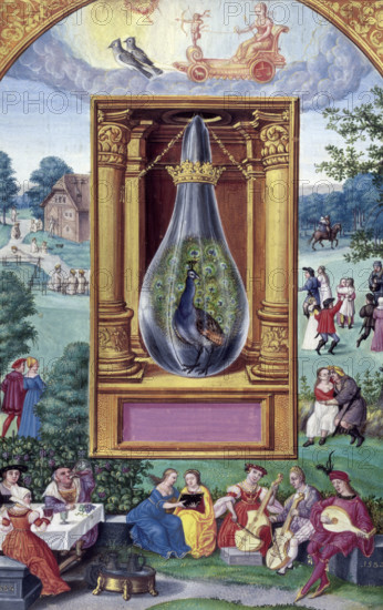 The peacock's tail, 1582. In a crowned alchemical flask between gold columns is a peacock with its tail fully fanned out, representing the stage in the alchemical process when the substance breaks out into many colours. Above, a woman rides a chariot pulled by two birds. Historiated border with groups of figures feasting, reading, playing musical instruments, drinking wine and dancing. To the right a man and woman sit with their arms around each other. To the left couple walk together through the trees, while beyond them naked people bathe in a river. The stages of the alchemical process were attributed various colours; black, white and red being the main three. The stage of the peacock's tail, or the rainbow, was believed to occur before the white elixir was produced. Illustration of the Fourth Treatise. From "Splendor solis" (The Splendour of the sun).