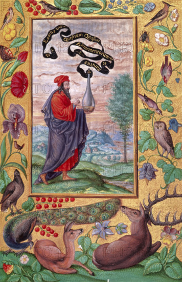 An alchemist with a flask, 1582. An alchemical adept carries the vase of Hermes. A scroll attached to the flask reads 'Eamus Quesitum Quasuor Elemementorum naturas' (Let us go in search of the natures of the four elements). Border decoration with flowers, birds, including an owl and peacock, and at the foot, a stag and doe lying amongst flowers and berries. Illustration of the First Treatise. From "Splendor solis" (The splendour of the sun).
