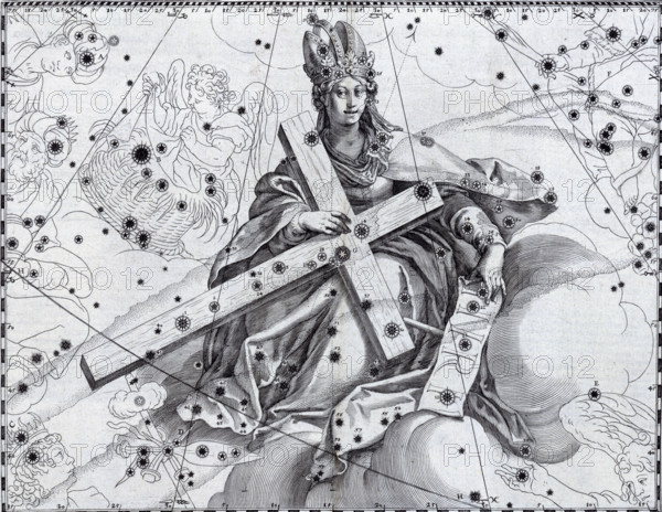 Cygnus as the Holy Cross, 1627. The allegorical figure of Cygnus sits amongst clouds holding the cross. Cygnus is a large northern constellation, also called the swan. The German scholar Julius Schiller christianised the map of the heavens and stars. The classical imagery of the star groups was replaced by religious imagery. Therefore the northern heavens were given New Testament imagery, and the southern heavens were given Old Testament imagery. However his contemporaries were not convinced, perhaps because of the strong Catholic influence in the images. They preferred to adhere to the traditional classical images. From "Coelum Stellatum Christianum".