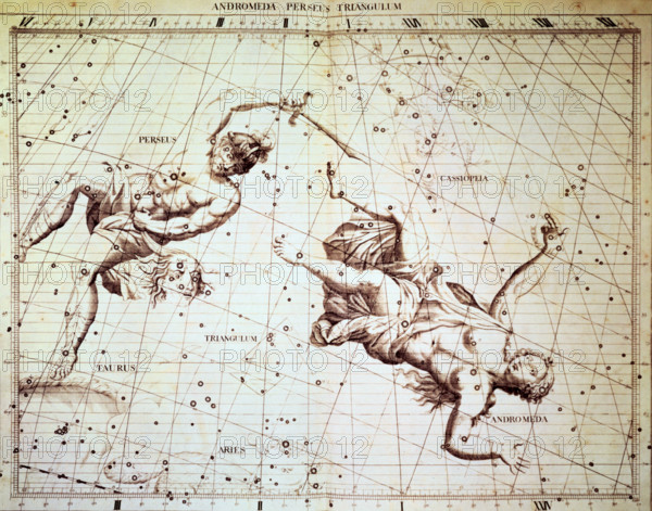 The star constellations Perseus and Andromeda, 1729. Perseus is holding the head of Medusa, the gorgon he beheaded. Around Andromeda's wrists are broken chains. She had been intended as a sacrifice for a sea monster, however Perseus rescued her, and married her. Above her is the constellation Cassiopeia, who was Andromeda's mother. From "Atlas Coelestis" by John Flamsteed, the astronomer royal. The Royal Observatory at Greenwich was built and equipped for him.