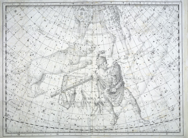 The constellation Auriga, 1801. Auriga is depicted as a charioteer and holding a small goat, Capella. To the left is the constellation Lynx. Although depicted as an animal, it is not named after one; but after the astronomer Hevelius who invented it, because he said that anyone who wanted to study the stars needed good eyes like a lynx. On the right is the faint outline of the constellation Perseus. From "Uranographia" by Johann Bode. In order to catalogue the stars that lay outside of constellations he suggested creating constellation boundaries. As a result of this the sky started to be defined into specific regions.