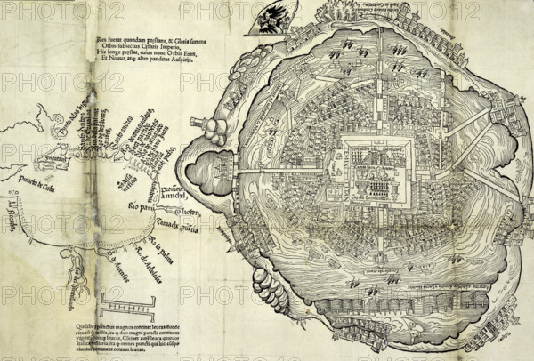 Map of Tenochtitlan, Mexico, with Gulf Coast at left, 1524. Spanish conquistador Hernando Cortes conquered the Aztec empire in 1519-1521. In the centre of the city can be seen the temples where human sacrifices took place.