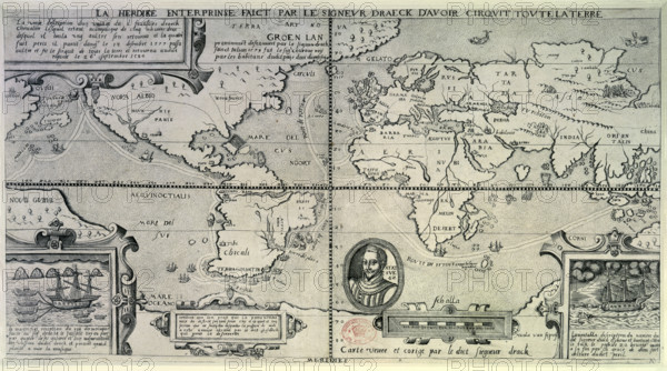 Map showing Francis Drake's Circumnavigation of the Globe, late 16th century. 'La vraie description du voyage du sr. fransois draeck Chevalier lesquel estant acompaigne de cinq navires deux desquel il brula...'. Drake was the English admiral who circumnavigated the globe (1577-1580), played an important role in defeating the Spanish Armada (1588), and was the most renowned seaman of the Elizabethan Age.