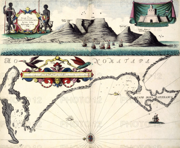 A Draught of Cape Bona Esperanca by Iohn Seller Hydrographer to the King, c1700. Prospect of Cape Town and Table Mountain, South Africa, above, and map of the coast below.