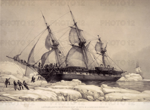 The Astolabe caught in an icefield on its voyage of exploration to the Pacific Islands, 9 February 1838. 'L'Astrolabe arretee par un glacon avant sa sortie de la Banquise, 9 Fevrier 1838, Parages Antarctiques'. (The Astrolabe stopped by an iceberg before leaving the pack ice, Antarctica). The crew of the Astrolabe, under the command of Captain Dumont d'Urville, work frantically to free the ship. It took five days to break free from the ice-filled lake. During the process a number of the crew suffered from frostbite.