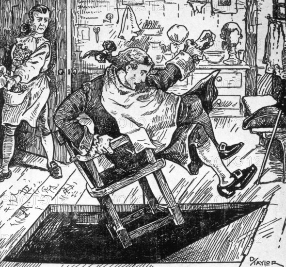 Sweeney Todd, the Demon Barber - I polish 'em off, c1880. A customer falling through the trapdoor. Sweeney Todd's barber shop was a death trap for unwary customers in need of a shave. With the cry "Down you go!", his barber's chair would swing into the floor - sending his victims crashing down to the cellar below. His partner in crime, Mrs Lovett, then turned their bodies into meat pies. Scene from 'Sweeney Todd, the Demon Barber of Fleet Street', possibly by Charlton Lea.