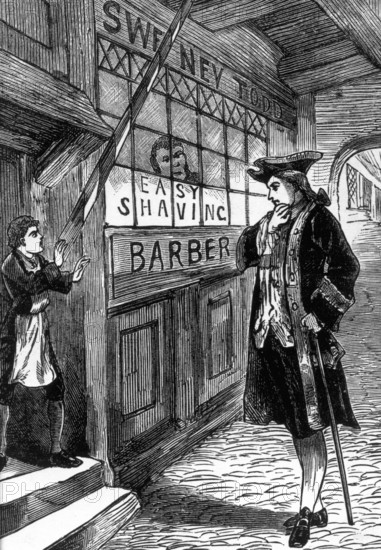 A customer outside Sweeney Todd's barber shop, c1880. The shop was a death trap for unwary customers in need of a shave. With the cry "Down you go!", his barber's chair would swing into the floor - sending his victims crashing to the cellar below. His partner in crime, Mrs Lovett, then turned their bodies into meat pies. Scene from 'Sweeney Todd, the Demon Barber of Fleet Street', possibly by Charlton Lea.