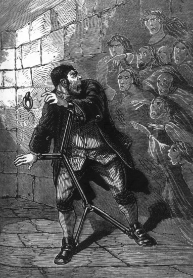Back-back, you grinning fiends! yelled Sweeney Todd, c1880. Sweeney Todd's barber shop was a death trap for unwary customers in need of a shave. With the cry "Down you go!", his barber's chair would swing into the floor - sending his victims crashing to the cellar below. His partner in crime, Mrs Lovett, then turned their bodies into meat pies. Scene from 'Sweeney Todd, the Demon Barber of Fleet Street', possibly by Charlton Lea.